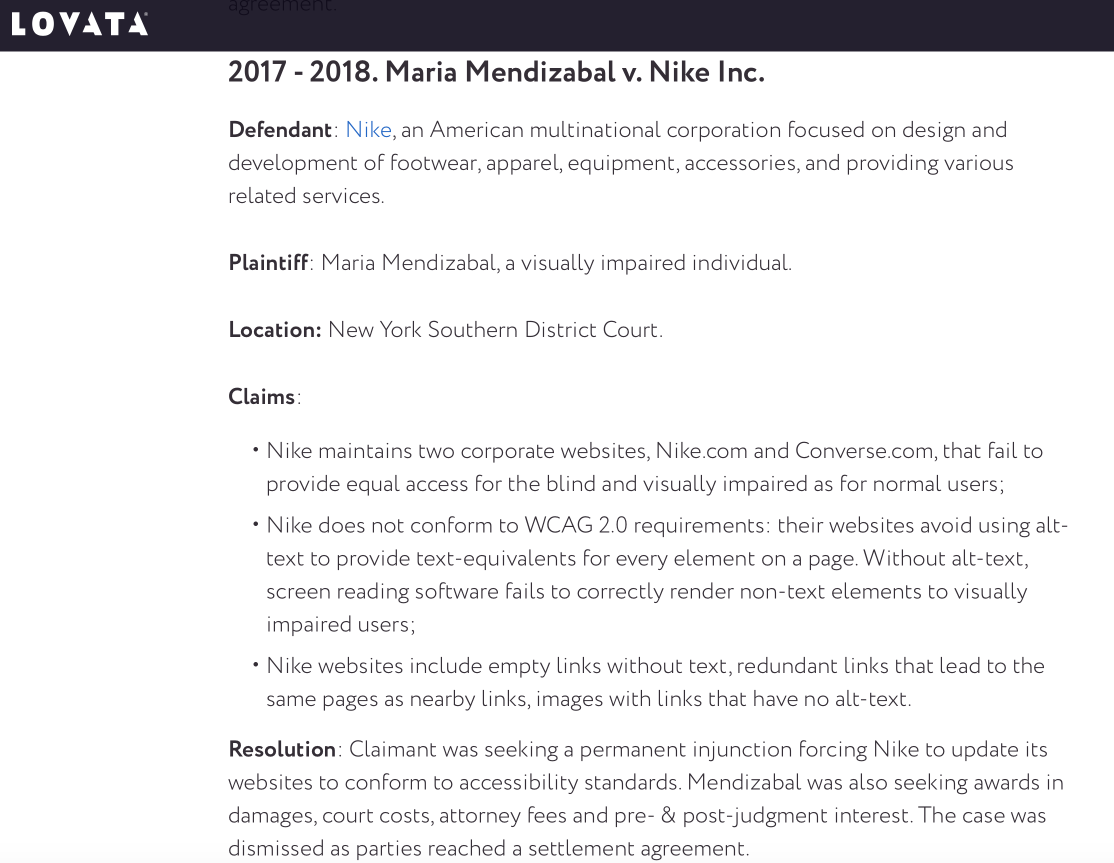 article about Nike  website accessibility lawsuit