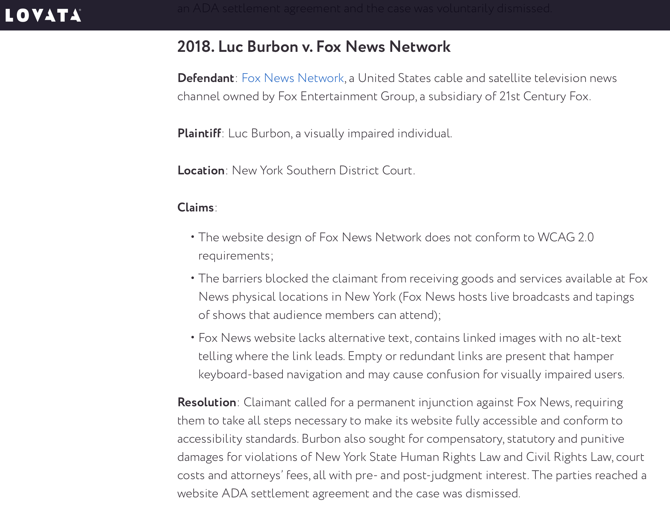 article about Fox News network  website accessibility lawsuit