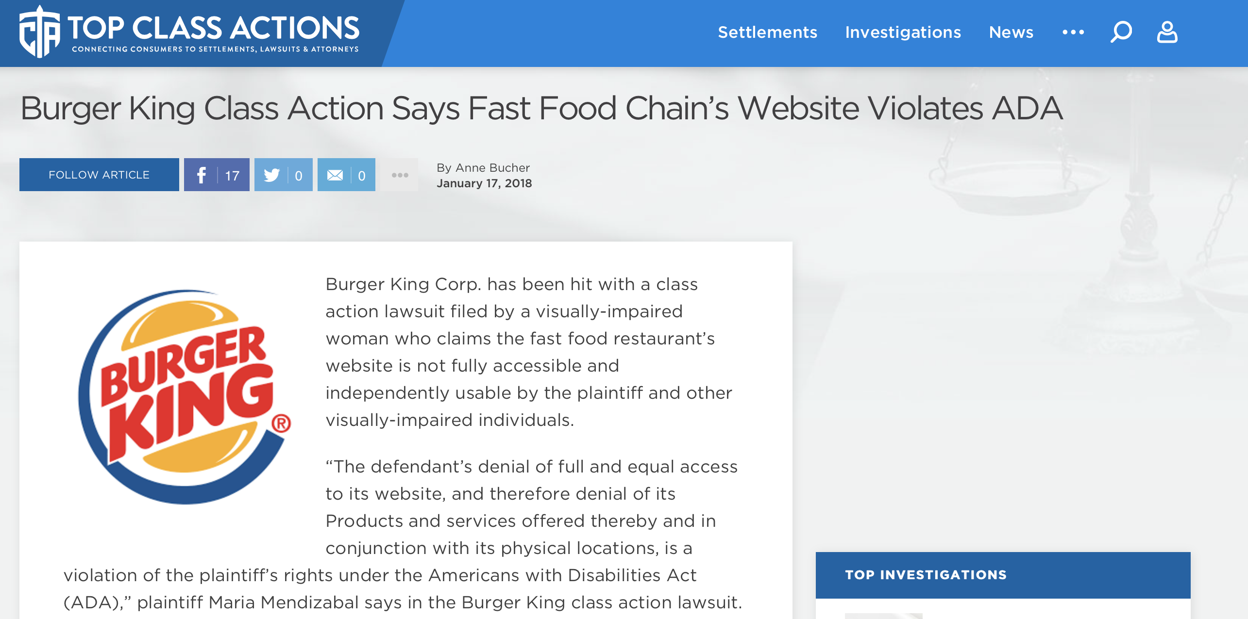 article about burger king website accessibility lawsuit